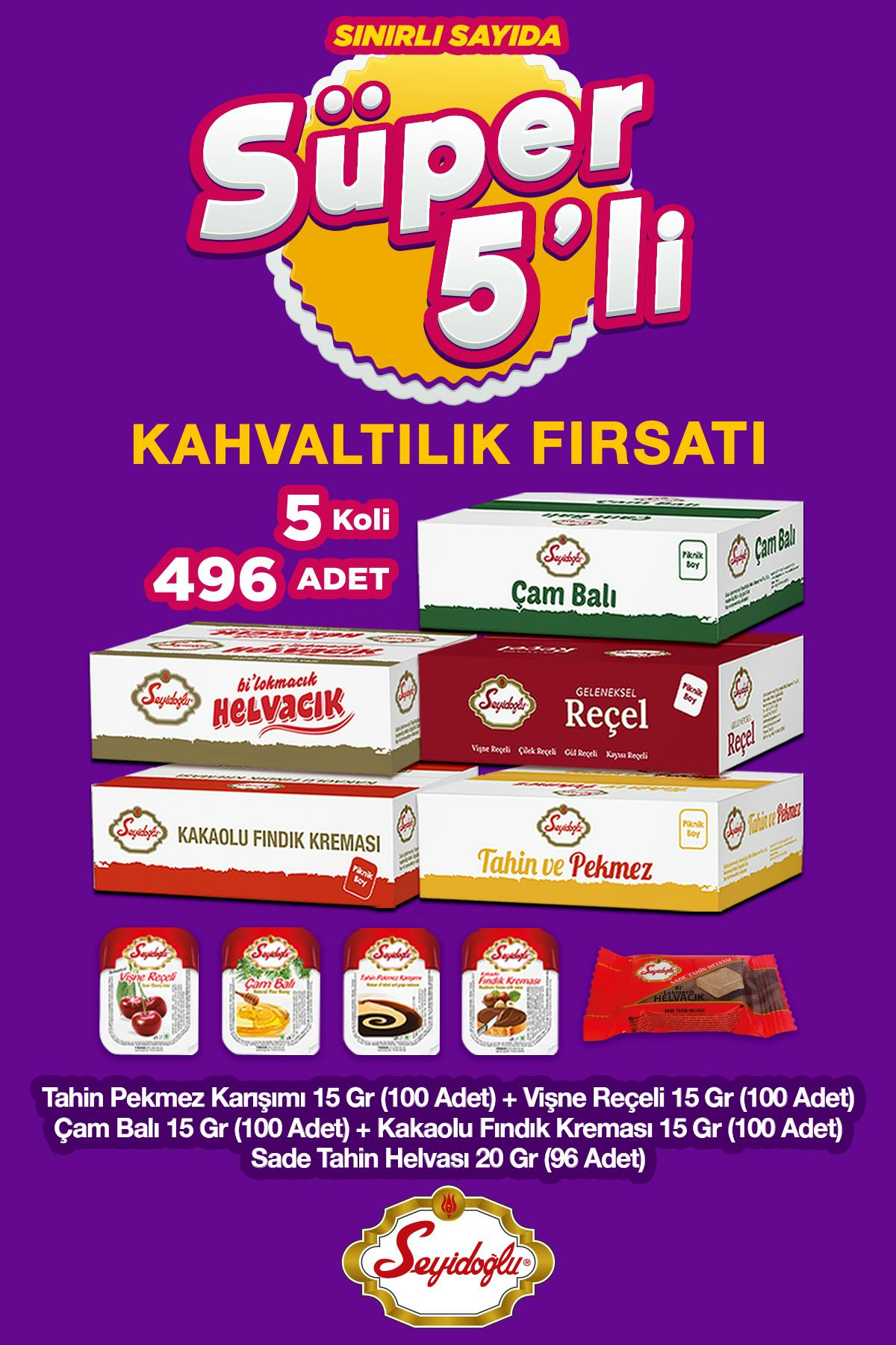 Süper 5'li Kahvaltılık Fırsatı 5 Koli 496 Adet - Vişne Reçeli -Sade Tahin Helvası